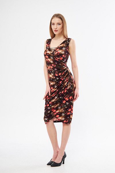 CrazyShopping Rochie midi de damă cu guler încrucișat cu detaliu ochi de pasăre