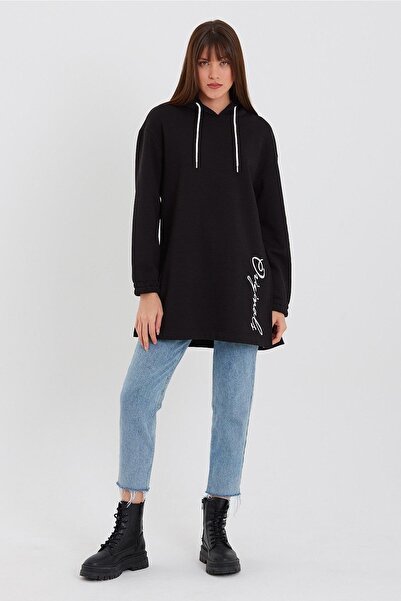 CrazyShopping Kadın Nakışlı Yandan Yırtmaçlı 3 İplik Polarlı Kapüşonlu  Tunik