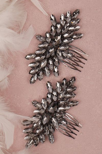 Hayalperest boncuk Anthracite Gray Bridal Wedding Hair Accessory - 2-Piece Model Stylish Accessory for Henna Night and Wedding