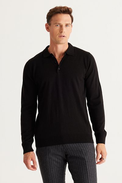 AC&Co / Altınyıldız Classics Men's Black Anti Pilling Knitwear Sweater - Polo Collar, Non-Pilling Fabric