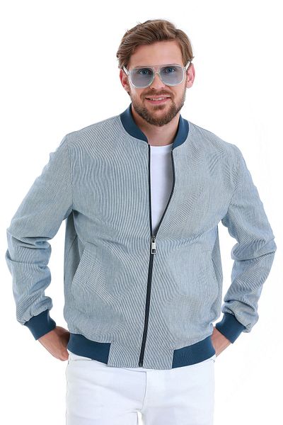 Hatemoğlu Navy Blue Slim Fit Striped Seasonal Coat