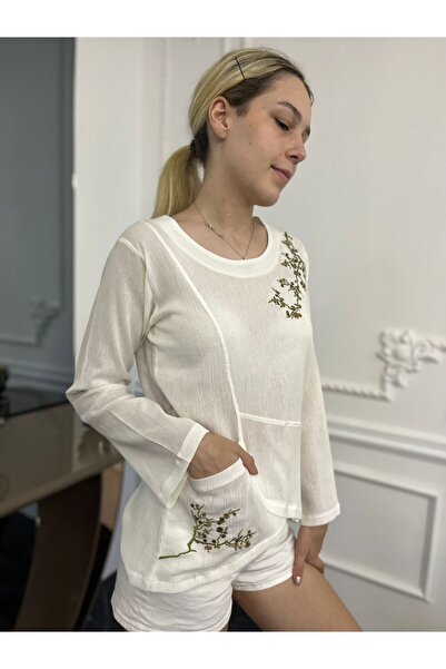 Bohemian Otantik Nakışlı Uzun Kollu Organik Pamuk Bluz