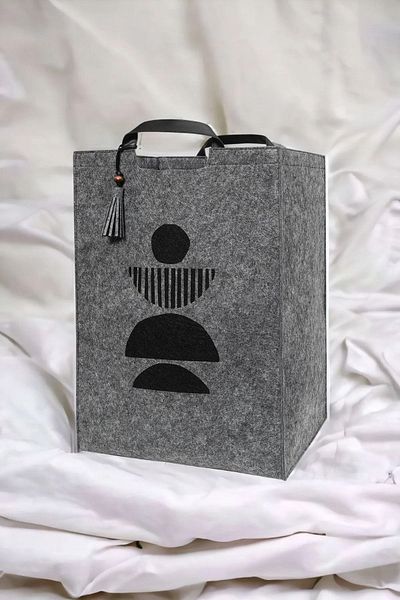 Smyak Black Felt Felted Laundry Basket - 40X30X55Cm Kc-054