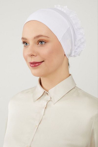 Melodi Scarf White Hijab - Magic Adhesive, Non-Slip Ruffle Filled Knob Cap