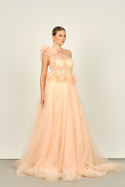 ÖMÜR INN Ömür Inn Kadın Tek Omuz Detaylı Beli Korsajlı Transparan Tül Abiye E...