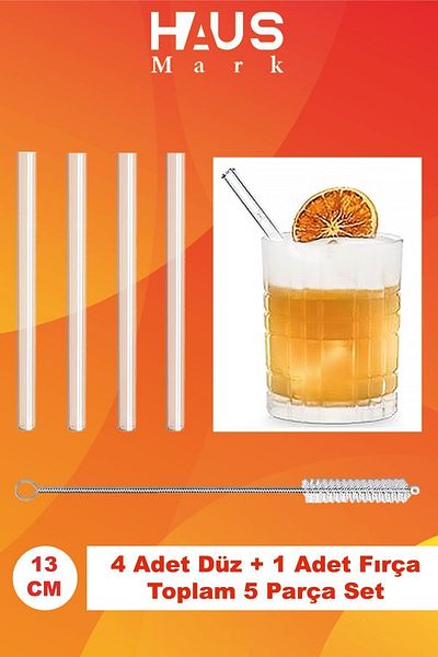 HAUSMARK 4 Flat Glass Straws 13cm, 1 Cleaning Brush, First Quality thermosilicate borosilicate coffee cup