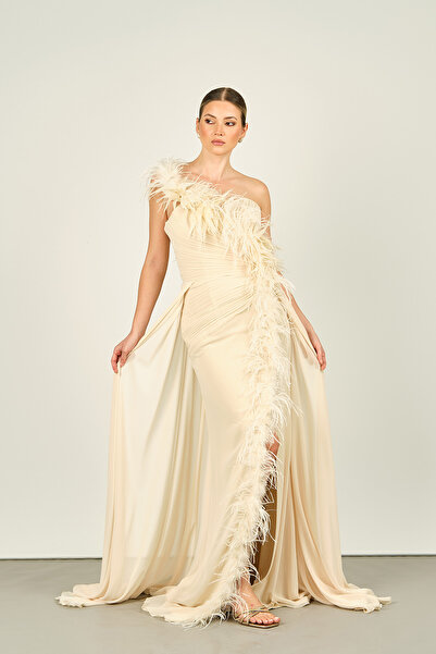 ÖMÜR INN Kadın Tek Omuz Derin Yırtmaçlı Şifon Abiye Elbise