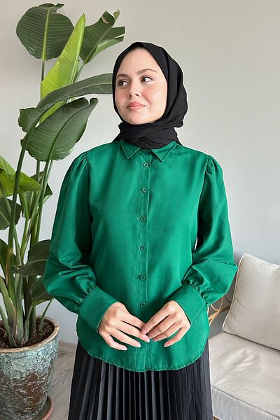 InStyle Casual σμαραγδένιο μπαλόνι πουκάμισο με μανίκια