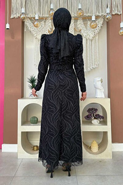 Bym Fashion Βραδινά φόρεμα από τούλι γκλίτερ μοτίβο κλαδιών Plus Size - Μαύρο 1140-1