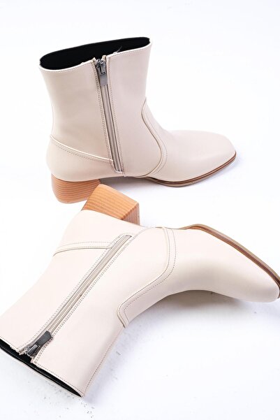 Mio Gusto Callie Bej Renk Ince Kürk Astarlı Yandan Fermuarlı Küt Burunlu Kadın Topuklu Bot