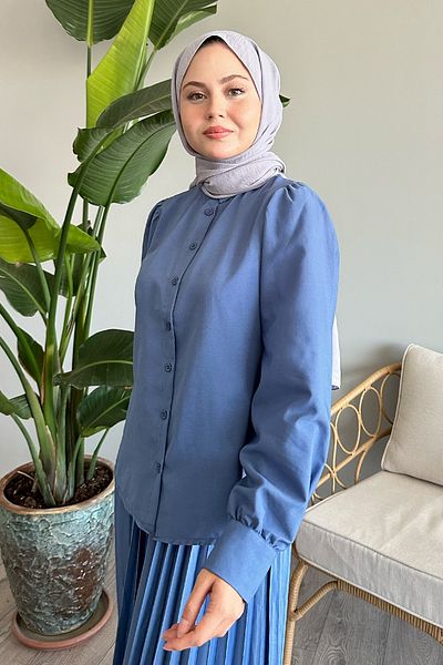 InStyle Casual Indigo Balloon Sleeve Shirt
