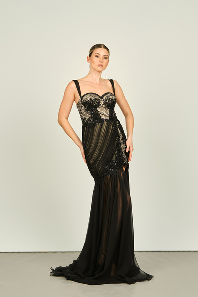 ÖMÜR INN Ömür Inn Kadın Askılı Taş Detaylı Dantel Mini Abiye Elbise 2470 Siyah