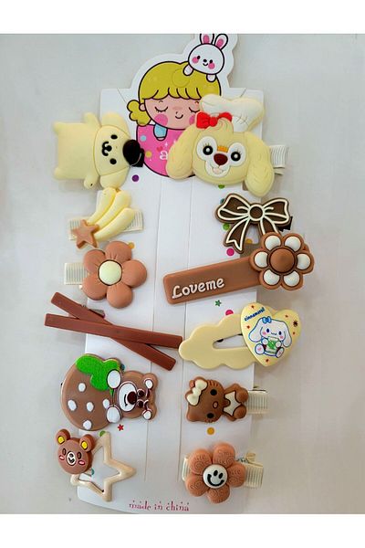 GÜLPEŞE 12-Piece Children's Buckle Set - Rabbit, Bow, Flower, Cat and Rainbow Detailed, Pintucked Xp-45