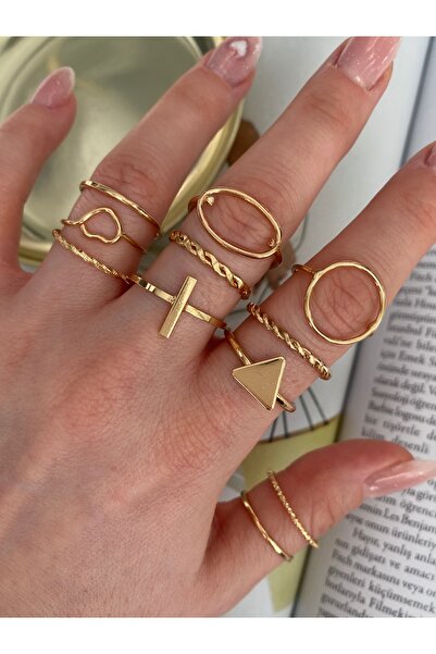 Pinery Jewels Geometrik Şekilli Altın Kaplama Çoklu Kadın Yüzük Seti