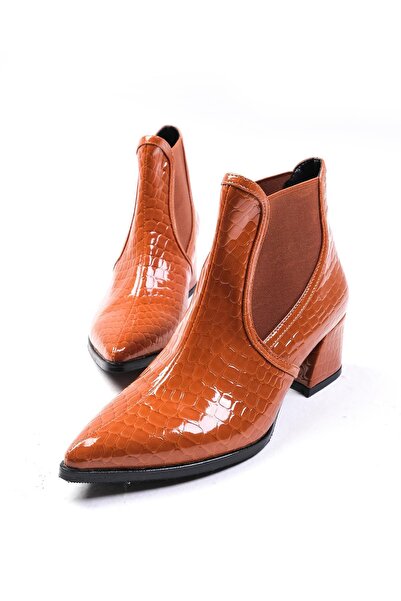 Mio Gusto Maggie Taba Renk Krokodil Desenli Lastikli Kadın Topuklu Bot