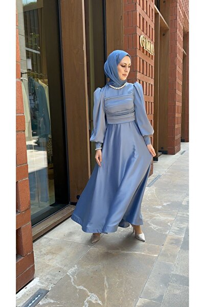 Veçhe Sirius – Saten Drape Detaylı Manşet Düğmeli Abiye Elbise