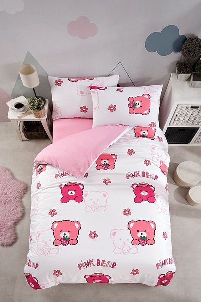 LaLiva Pink Children's Bedding Set - Elastic Sheet and Teddy Bear