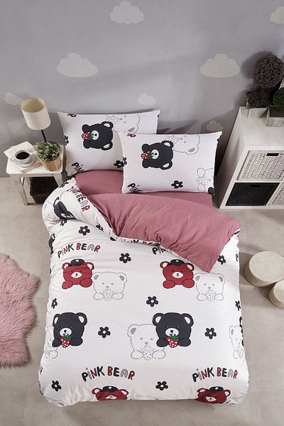 LaLiva Claret Red Children's Bedding Set - Natural Healthy, Elastic Bed Sheet with Teddy Bear