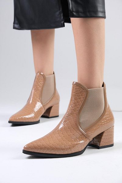 Mio Gusto Maggie Mink Color Crocodile Patterned Elastic Women's Heeled Boots