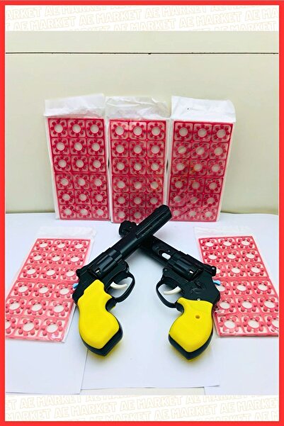 AE Market 2 Adet Büyük Oyuncak Plastik Kovboy Tabancası Yanında 2 Adet 18 X8li Fişek Kapsül