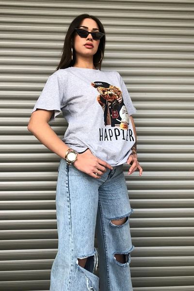hello tekstil Beige Colored Women's Oversize Printed T-shirt - Happier