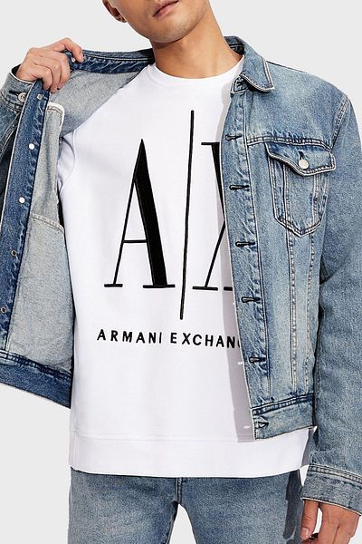 Armani Exchange Hanorac alb pentru bărbați - mânecă lungă, decolteu, logo-ul mărcii, casual - 8NZMPA ZJ1ZZ-1100