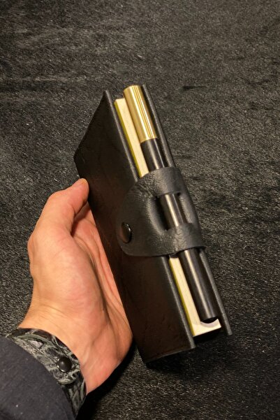 MAT Deri Hediyelik Defter Kalem Seti Hakiki Deri Günlük Not Defteri A6 Tasarım Ajanda Siyah Desenli