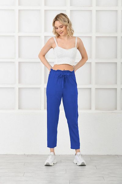 diaves Pantaloni de in albastru Saks - Vară, țesătură Belmando, cu detaliu de centură și talie elastică