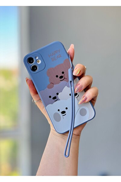 MİRAZ TASARIM IPHONE 11 İPLİ AYICIK DESENLİ MAVİ KILIF