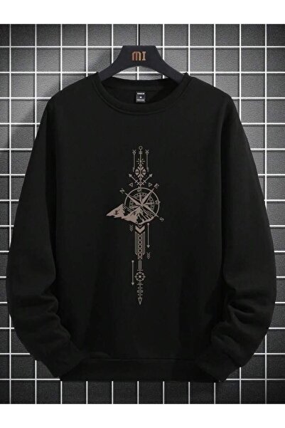 CAST COLLECTİON Μαύρο φούτερ με στάμπα πυξίδας Unisex Crew Neck