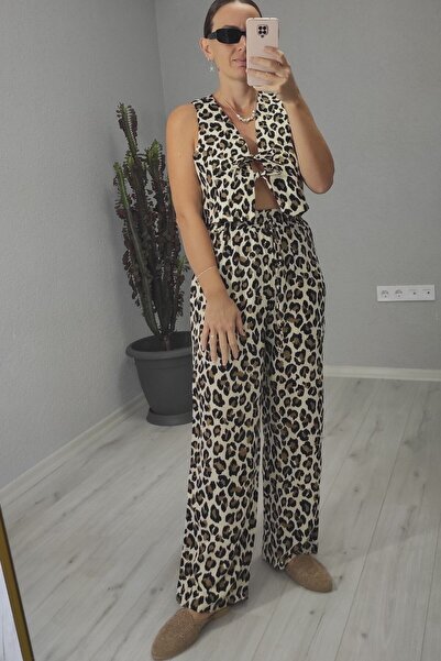 lady special Set pantaloni și vestă cu imprimeu leopard