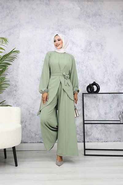 ALLMİRA FASHION Mint Hijab Trousers and Shirt Set - Belt Detailed