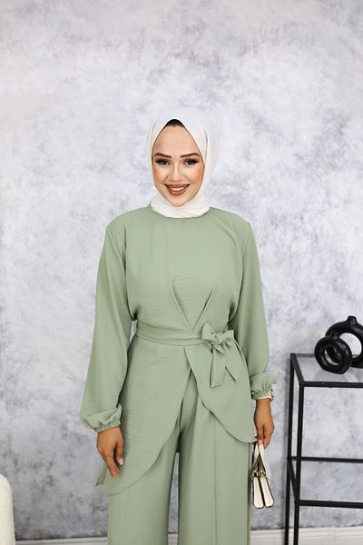 ALLMİRA FASHION Mint Hijab Trousers and Shirt Set - Belt Detailed
