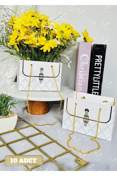 t tuğset etiket Chain Flower Carry Bag - Μπουκέτο λουλουδιών από χαρτόνι Σοκολατένιο τριαντάφυλλο Κουτί δώρου Τσάντα Λευκή 10τμχ -T