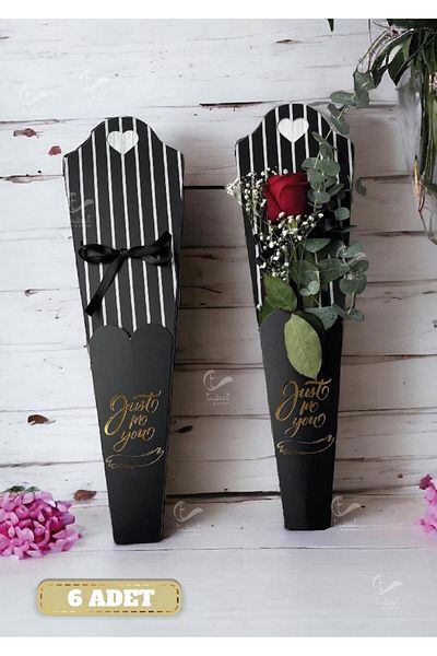 t tuğset etiket Flower Rose Box Μονό Rose Box Τσάντα συσκευασίας λουλουδιών με κορδέλα 6 τμχ Μαύρο -T899
