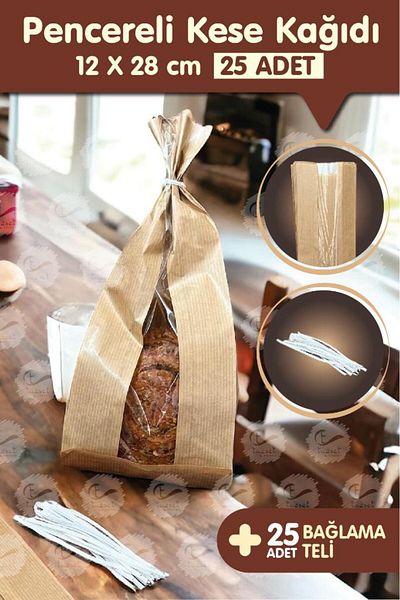 t tuğset etiket 25 Pieces Kraft Şamua Windowed Paper Bags - for Poğaça, Toast, Sandwich, Henna Cookie Turkish Delight