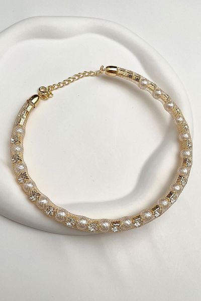 Modex Wicker Wire Detailed Pearl Stone Row Choker Necklace