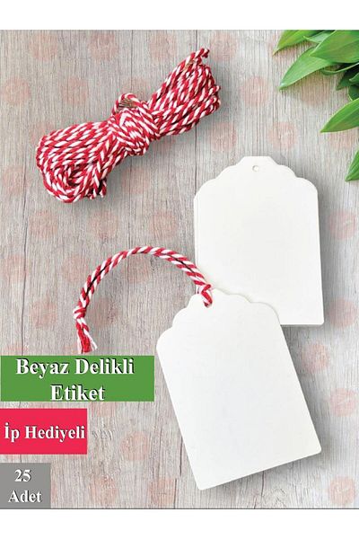 t tuğset etiket White Perforated Label Product Label 25 pieces / Red with White String Gift - Invitation Name Label - No