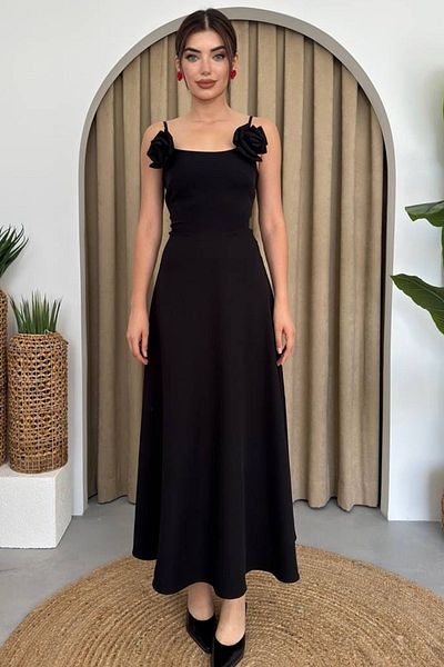 WOMAN VISION Rochie maxi cu bretele, cu decolteu fără bretele, din țesătură Atlas neagră, cu design de accesorii, trandafir negru 258