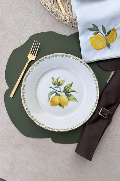 porselenden 25 cm Green Garden Mat for 6 People - Gold Gilded and Lemon Patterned Porcelain Serving Plate Set