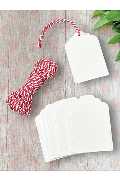 t tuğset etiket White Perforated Label Product Label 25 pieces / Red with White String Gift - Invitation Name Label - No