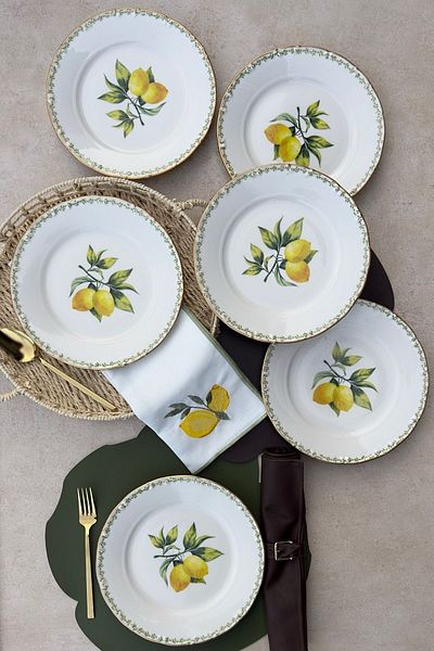 porselenden 25 cm Green Garden Mat for 6 People - Gold Gilded and Lemon Patterned Porcelain Serving Plate Set