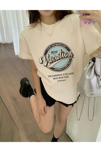 DEZZİİ Μπεζ Oversize T-Shirt - Εκτύπωση διακοπών