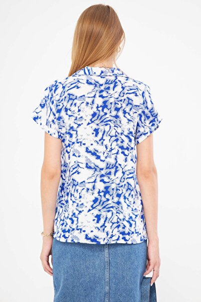 armonika Saks-Ecru Patterned Women's Shirt - Short Sleeve, ARM-22Y 001052