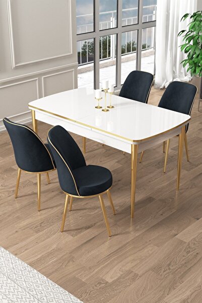 Canisa Pale Serisi 80x132 Açılabilir Beyaz Mutfak Masa Takımı 4 Antrasit Sand...