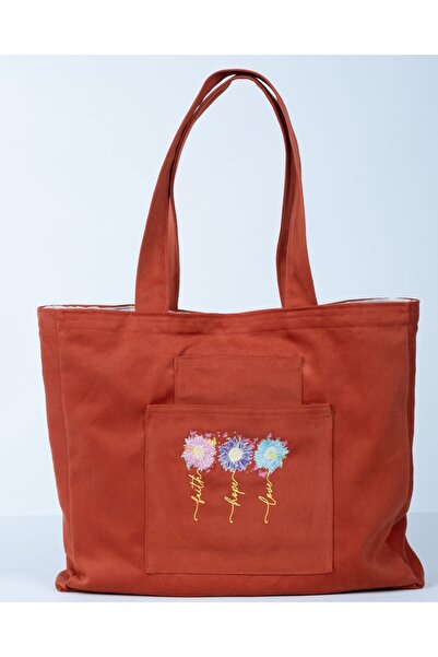 Wings Of Simurg Butikmutik-3'lü Çiçek Nakış Işlemeli Fermuarlı Kanvas Bez Çanta