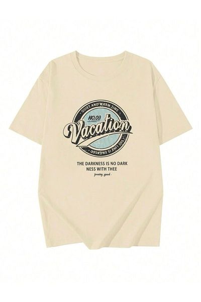 DEZZİİ Μπεζ Oversize T-Shirt - Εκτύπωση διακοπών