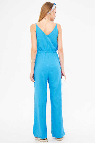 armonika Blue V-Neck Women's Jumpsuit - With Straps, Pockets and Lining, Elastic Waist ARM-24Y 001100