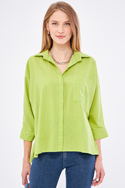 armonika Πουκάμισο από λινό πράσινο φιστίκι - Τσέπες και φαρδιά, ARM-21Y 001035