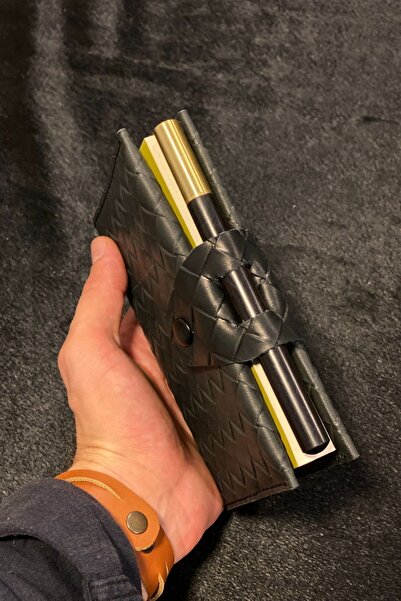 MAT Deri Genuine LeAther BlAck Wicker A6 Design DAily NotepAd - Gift Pen Set